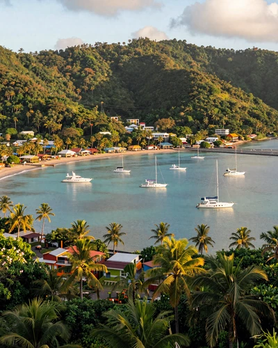 Marigot Bay in Saint Lucia with yachts anchored in turquoise waters surrounded by lush green hills