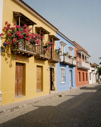 Colorful colonial street in Cartagena Colombia with vibrant facades and bougainvillea flowers