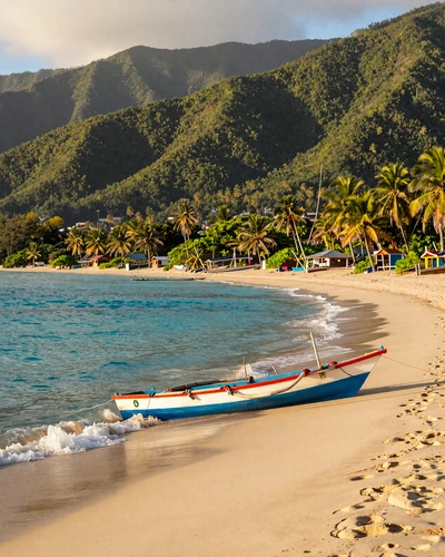Beautiful Haitian coastline near Jacmel with turquoise water and colorful traditional fishing boats
