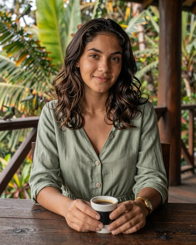 Costa Rican woman enjoying coffee at an eco-lodge terrace surrounded by tropical plants