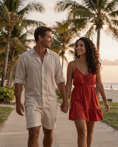 American man and Brazilian woman walking hand in hand along a tropical beach path at sunset