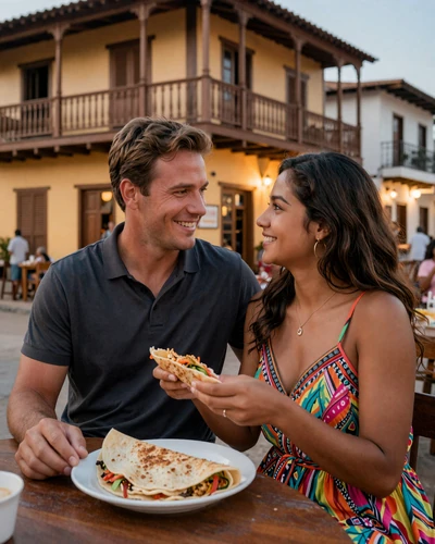 American man and Surinamese woman sharing roti at an outdoor Paramaribo restaurant