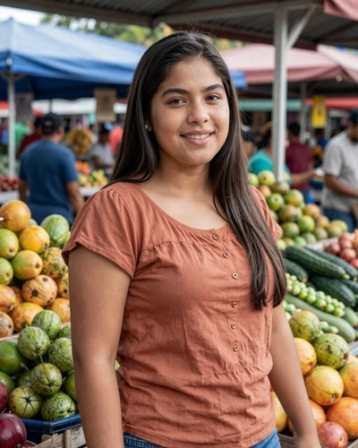 Warm Honduran woman smiling at a colorful outdoor market in Tegucigalpa