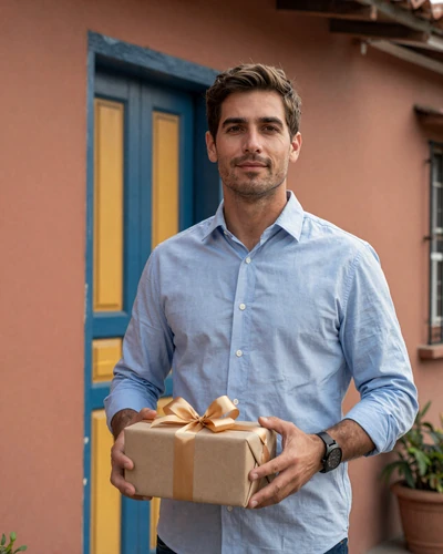American man holding a gift arriving at a Latin American family home for the first visit