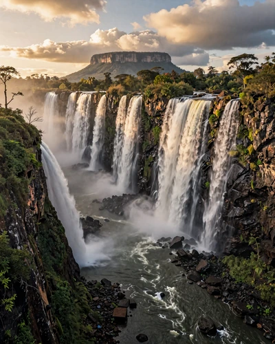 Angel Falls cascading from a tepui mountain in Venezuela surrounded by tropical rainforest