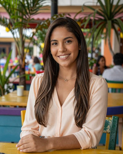 Beautiful Venezuelan woman smiling warmly at an outdoor café surrounded by tropical plants