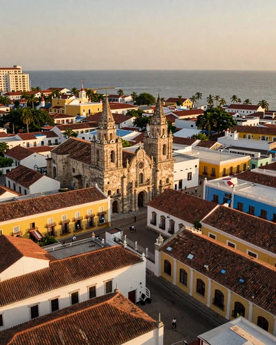 Aerial view of colorful Cartagena Colombia walled city with Caribbean Sea in distance