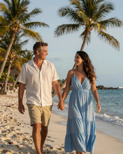 Happy American man and Venezuelan woman walking hand in hand on a Caribbean beach at golden hour