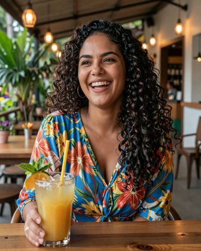 Brazilian woman laughing naturally at an outdoor café surrounded by tropical plants