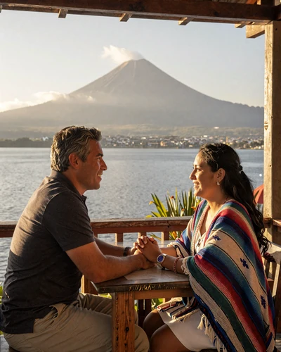 Happy American man and Guatemalan woman holding hands at a lakeside restaurant overlooking Lake Atitlán