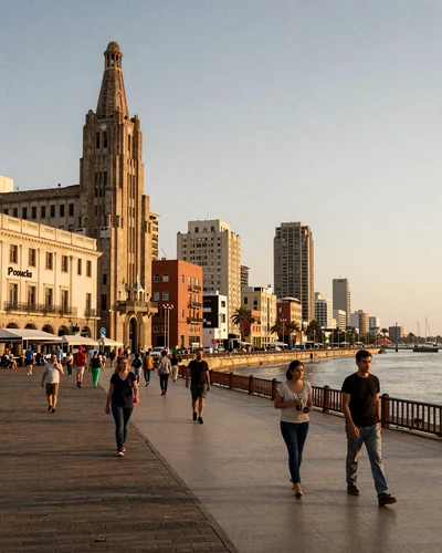 Montevideo Ciudad Vieja waterfront at golden hour with the Rambla promenade and Art Deco architecture