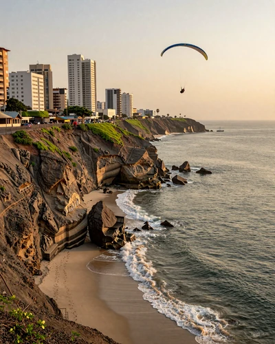 Stunning Miraflores coastline in Lima Peru with dramatic cliffs overlooking the Pacific Ocean at sunset