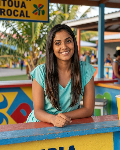 Beautiful Indo-Trinidadian woman enjoying doubles at a colorful Port of Spain street vendor
