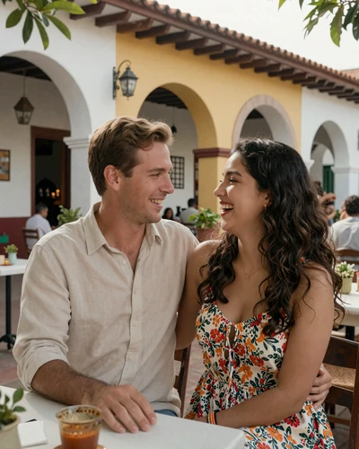 Happy American man and Nicaraguan woman laughing together at a colorful restaurant in Granada