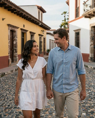 Happy American man and Salvadoran woman walking hand in hand through the colonial streets of Suchitoto