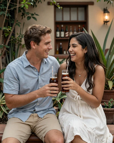 Happy American man and Paraguayan woman sharing tereré together in a green Asunción garden