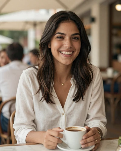 Latina woman smiling at a restaurant table during a first date