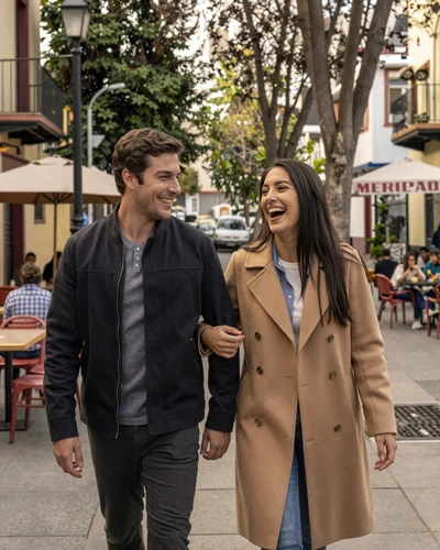 Happy American man and Chilean woman walking together through Santiago's Lastarria neighborhood