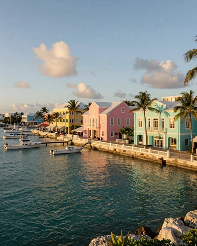 Nassau Bahamas waterfront harbor with colorful colonial buildings and turquoise water at golden hour