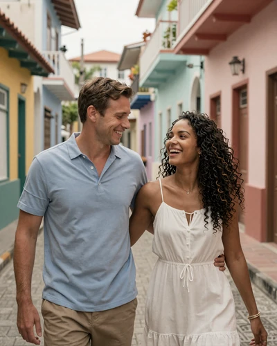 Happy American man and Trinidadian woman laughing together while walking through a colorful Port of Spain neighborhood