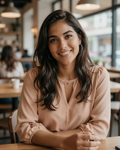 Confident Latina woman smiling warmly in a cafe setting representing genuine cross-cultural dating interest
