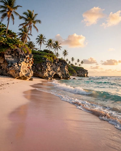 Stunning Crane Beach in Barbados with pink sand, turquoise waves, and coral cliffs at golden hour