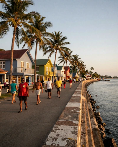 Georgetown Guyana seawall promenade at golden hour with colorful colonial wooden houses and palm trees