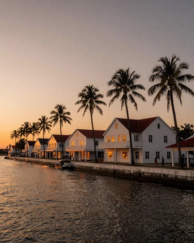 Paramaribo waterfront at sunset with Dutch colonial wooden buildings and palm trees along the Suriname River