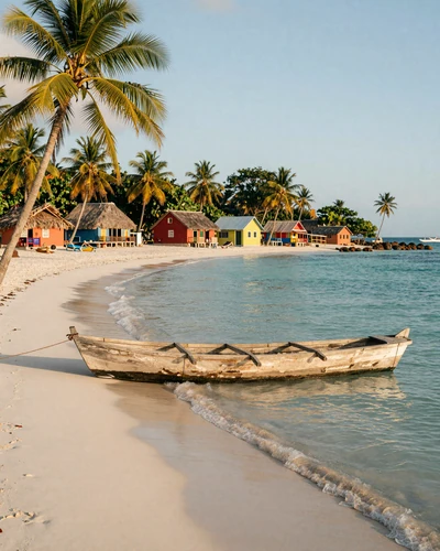 Scenic Caribbean coast of Honduras with colorful Garifuna village, turquoise water, and palm trees