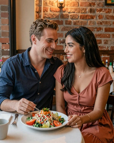 American man and Peruvian woman sharing ceviche at a cozy restaurant in Lima
