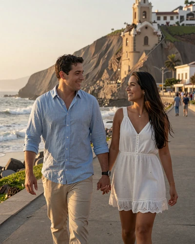 Happy American man and Peruvian woman walking hand in hand on the Miraflores boardwalk in Lima at sunset