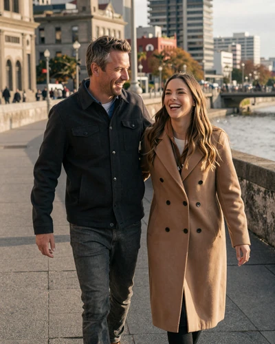 Happy American man and Uruguayan woman walking together along the Montevideo Rambla waterfront