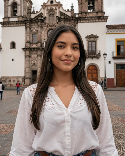 Gentle Ecuadorian woman in embroidered blouse at Quito's historic Plaza Grande