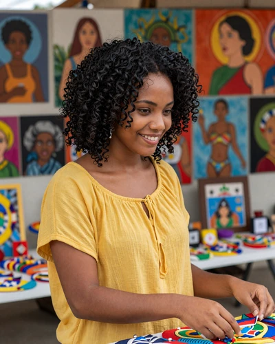 Haitian woman browsing handmade crafts at a vibrant Port-au-Prince artisan market