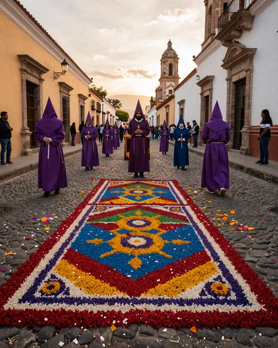Colorful Semana Santa procession in Antigua Guatemala with intricate sawdust alfombra carpet and colonial architecture