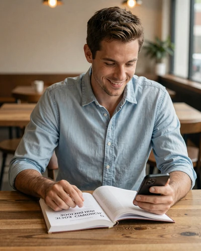 American man studying Spanish phrases at a warm café while texting his Latina match