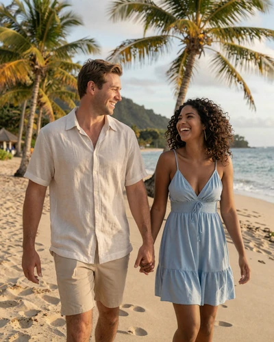 Happy American man and Saint Lucian woman walking hand in hand on a golden Caribbean beach at sunset