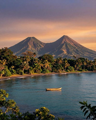 Isla de Ometepe twin volcanoes rising from Lake Nicaragua at golden hour sunset