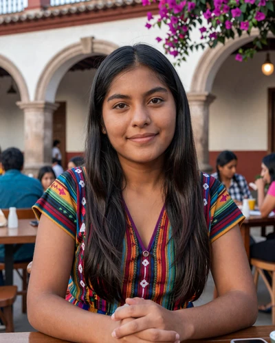 Beautiful Guatemalan woman enjoying an outdoor café in Antigua Guatemala with colonial architecture and bougainvillea