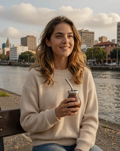 Elegant Uruguayan woman sharing mate tea on the Montevideo Rambla waterfront promenade