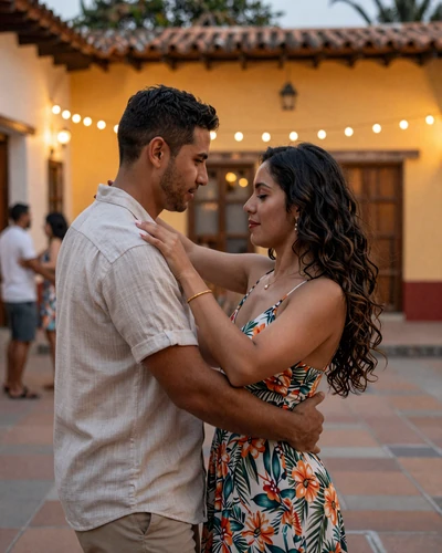 American man and Colombian woman dancing salsa together in a warm courtyard setting