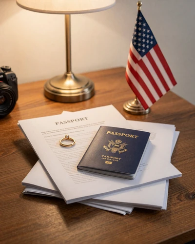 US passport documents and engagement ring on desk for K-1 fiancé visa application