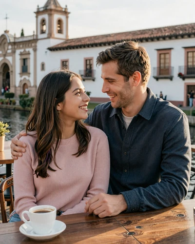 Happy American man and Ecuadorian woman sharing a warm moment at a riverside café in Cuenca