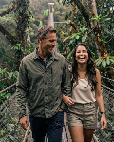 Happy American man and Costa Rican woman walking together on a hanging bridge in a cloud forest