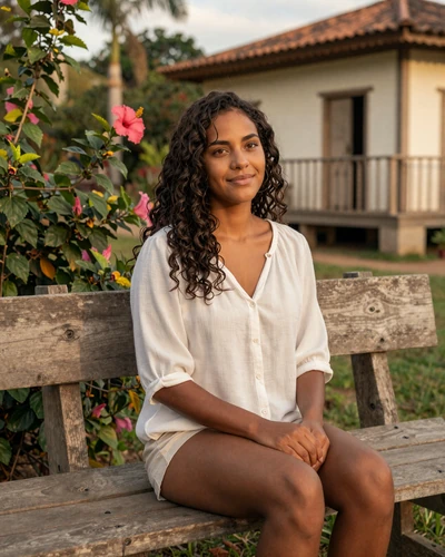Surinamese woman of mixed heritage relaxing in a lush tropical garden near a colonial home