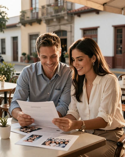 Couple reviewing K-1 visa documents together at a Latin American cafe
