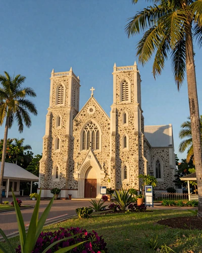 Historic coral stone Anglican parish church in Barbados surrounded by tropical gardens under a bright Caribbean sky