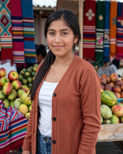 Peruvian woman smiling warmly at a colorful outdoor market in Lima Peru