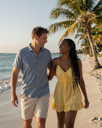 Happy American man and Jamaican woman laughing together while walking along a Jamaican beach at sunset