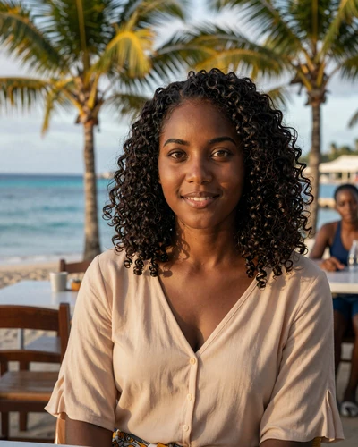 Beautiful Saint Lucian woman enjoying a beachside café in Rodney Bay with turquoise Caribbean waters